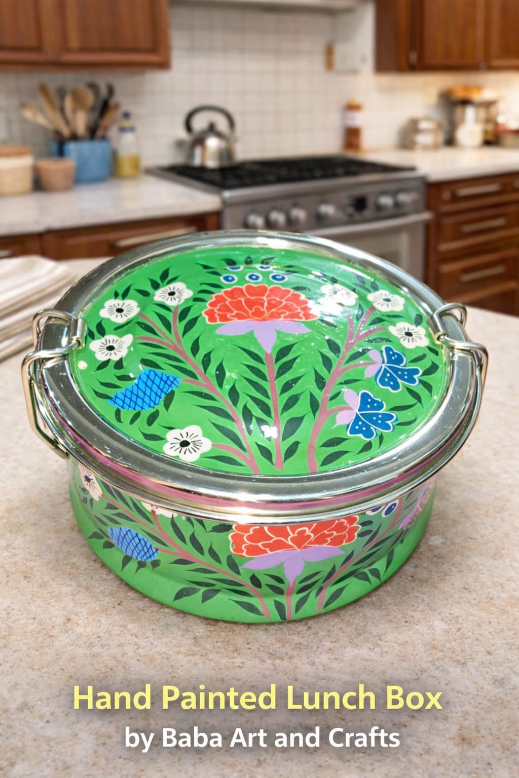 Steel Bento Box , Hand painted bento box , Enamel Lunch box, Hand painted single tier bento lunch